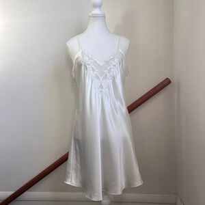 Vintage White Satin Babydoll Slip Dress Lace Front Romantic Angel Fairy Delicate